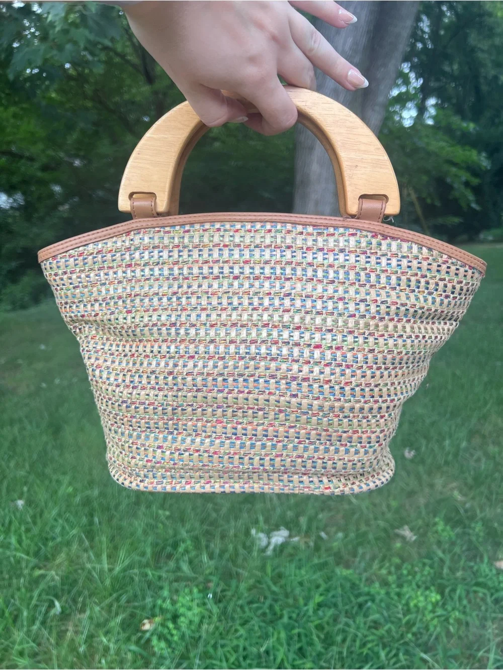 Fossil Beige Multicolor Woven Tote with Wooden Handles